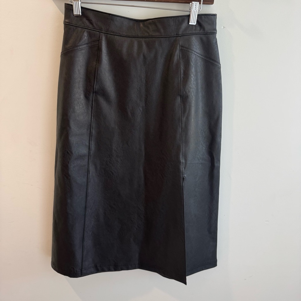 Spanx‎ Black Faux Leather Midi Skirt Medium